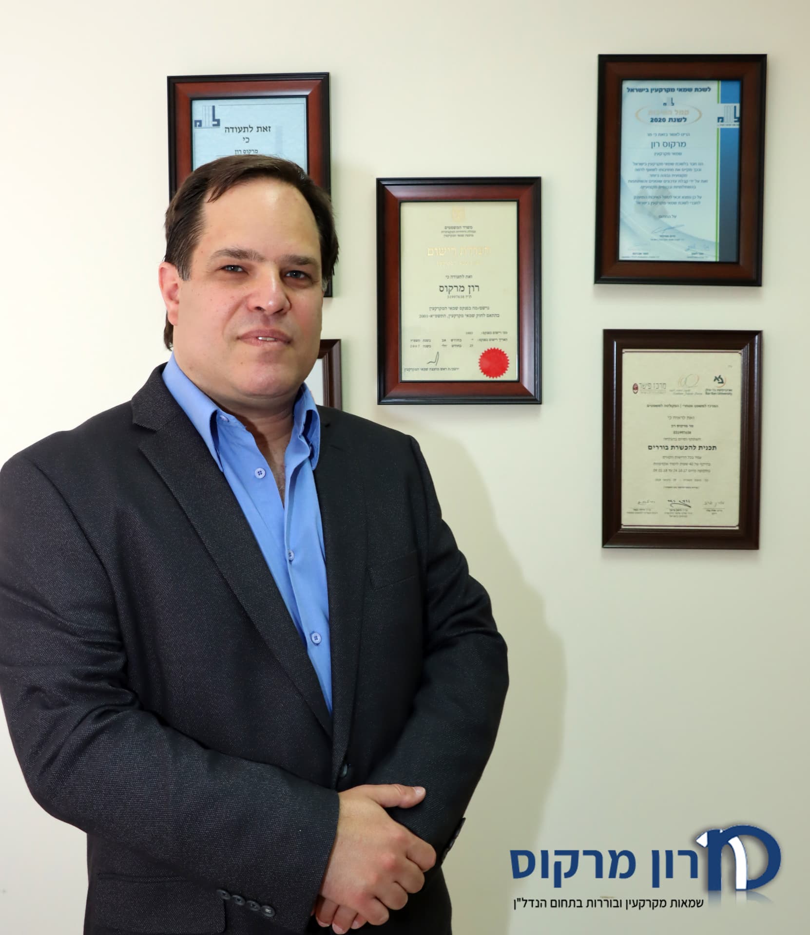 רון מרקוס, שמאי מקרקעין מוסמך, במשרד מול תעודות ההסמכה